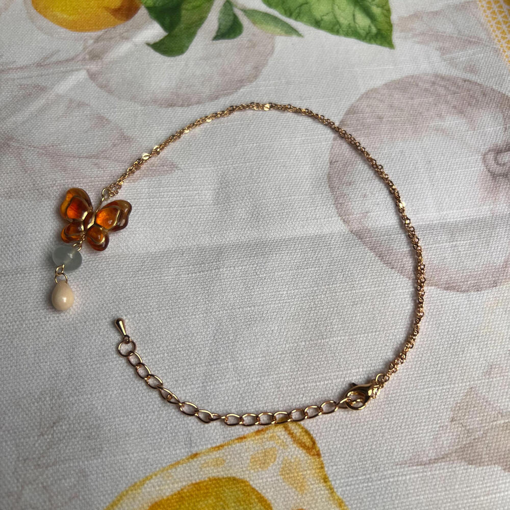 Amber Blue Jade Beige Czech Glass Acrylic Butterfly Necklace, Cute Fun Jewelry - Picture 4 of 7